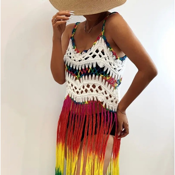 White Rainbow-Color Boho Tassel Beach Cover-Up Dress - Picture 3 of 11